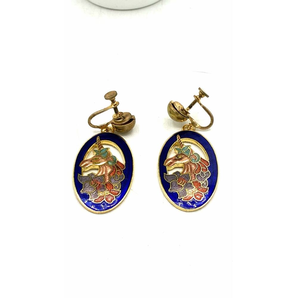 Vintage Cloisonné Unicorn Earrings – Cobalt Blue Enamel Screw‑Back Dangle